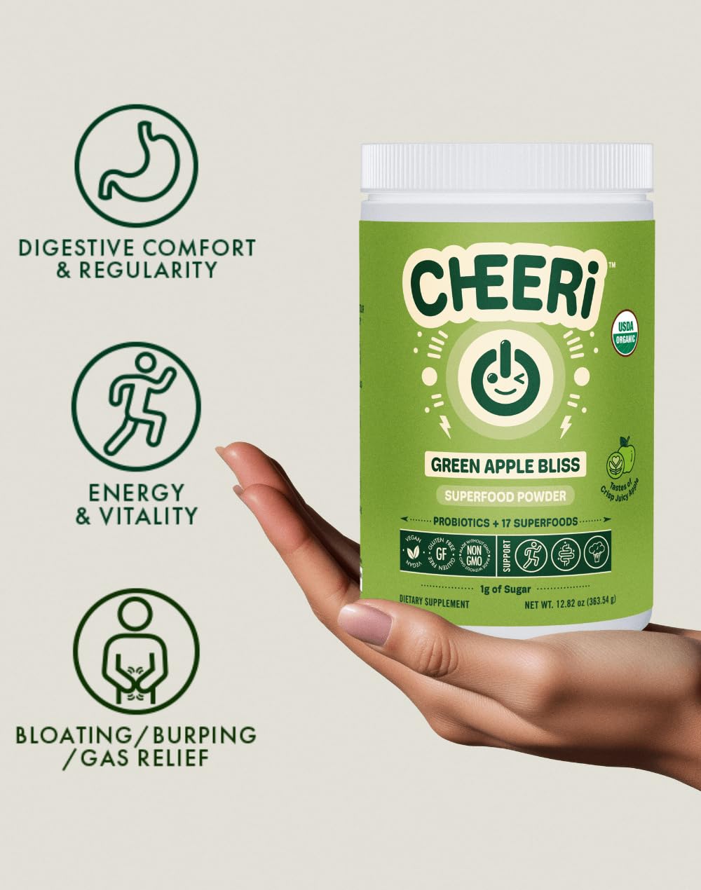 Cheerific Green Apple Bliss Superfood Powder - 20+ Organic Superfoods + Prebiotic & Probiotics + More - Keto Friendly - Supports Positive Mood, Gut Health - Vegan, Gluten Free, Non-GMO - 30 Day Supply Cheerific Au supplements