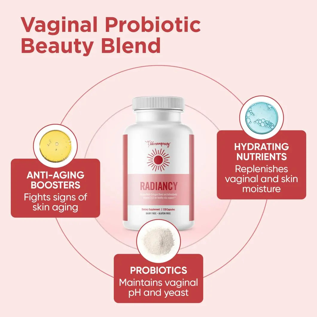 BB Company Radiancy | Vaginal Probiotics for Vaginal Dryness, pH Balance | Fights Itch, Odor | Anti-Aging | Hyaluronic Acid, Probiotics, Vitamin C, Multi Collagen | 120 Ct BB Company Au supplements