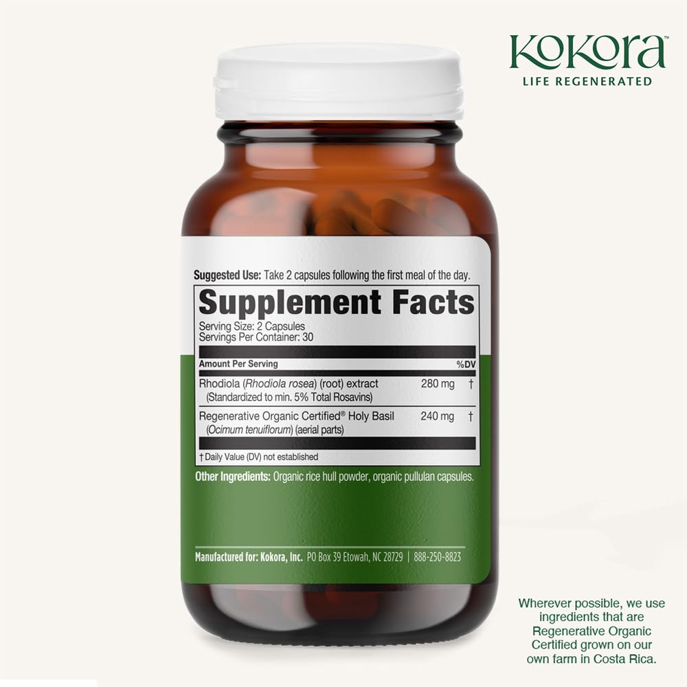 kokora Extra Strength Rhodiola Rosea – Stress Relief, Endurance & Promotes Mental & Physical Performance* - with Siberian Rhodiola, Rosavins, Organic Holy Basil - Vegan, Non-GMO - 60 Capsules kokora Au supplements