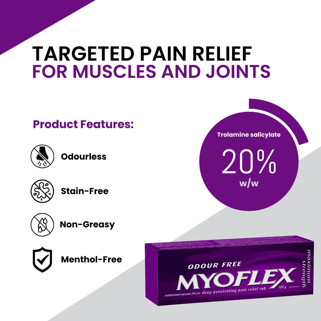 Myoflex Pain Relief Rub | Odourless | Provides Deep Penetrating Relief of Muscle Soreness & Joint Pain | Menthol Free | Stain Free | Non-Greasy | Great for Ages 2+ | 100 Grams (Maximum Strength) Myoflex Au supplements