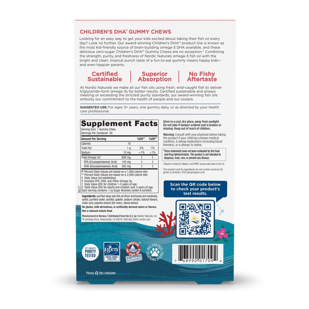 Nordic Naturals Zero Sugar Children’s DHA Gummy Chews, Tropical Punch - 30 Gummy Chews for Kids - 600 mg Total Omega-3s - Brain Development, Learning, Healthy Immunity - Non-GMO - 30 Servings Nordic Naturals Au supplements