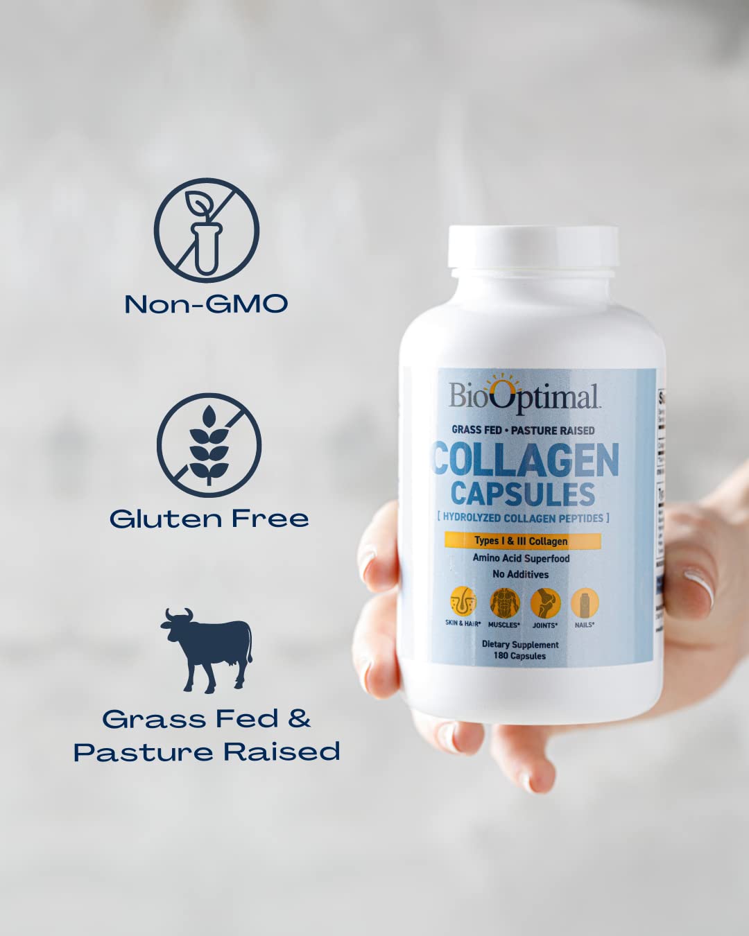 BioOptimal Collagen Peptides Capsules - Grass-Fed, Pasture-Raised Hydrolyzed Protein Supplement for Skin, Hair, & Nails - Non-GMO, Zero Sugar Daily Pills for Men & Women (180 Capsules) BioOptimal Au supplements