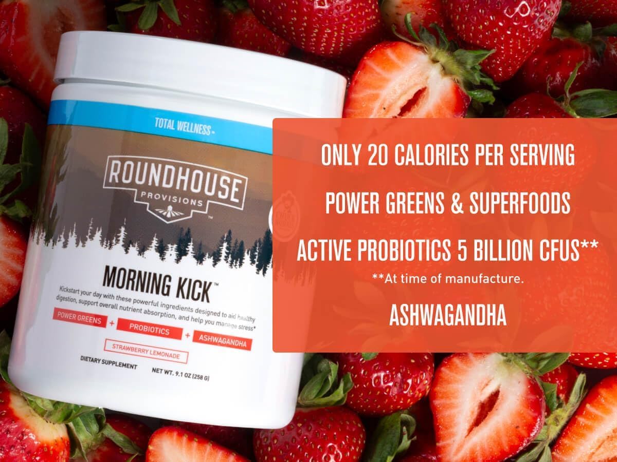 ROUNDHOUSE PROVISION Morning Kick, Zero Sugar Greens Superfood Powder Supplement with Ashwagandha, Collagen, Probiotics, Debloat Drink, 30 Servings (Strawberry Lemonade) by Chuck Norris ROUNDHOUSE PROVISION Au supplements