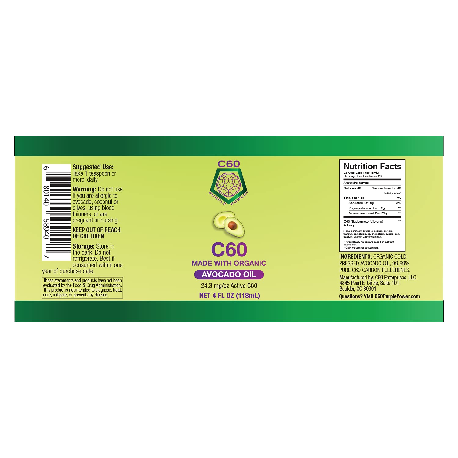 C60 Power C60 in Organic Avocado Oil - Natural Wellness & Antioxidant Support for Men & Women, 99.99% Pure Carbon Fullerenes, Promotes Energy, Mental Clarity, & Stamina - 4 fl oz Bottle C60 Purple Power Au supplements