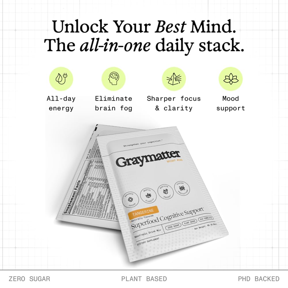 Graymatter Bright Mind Nootropic Powder (6 Travel Packets Variety Pack: Cacao, Tangerine, Strawberry Lemon) – Plant-Based Energy & Focus Drink Mix, Adaptogens & Vitamins, Sugar-Free Daily Supplement Graymatter Au supplements