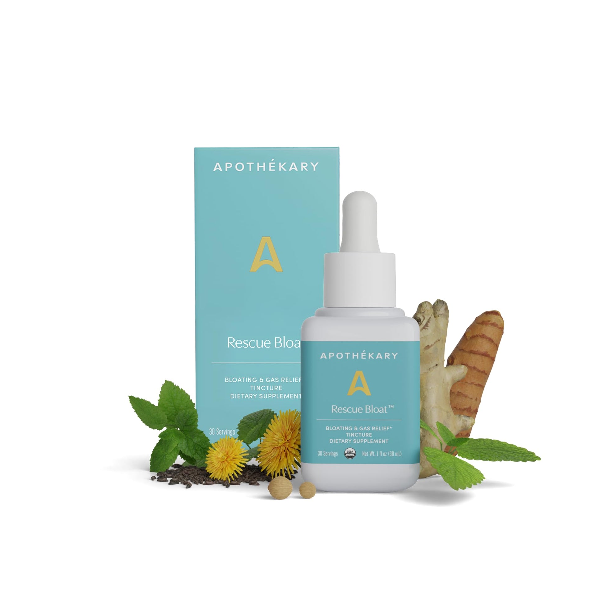 Apothékary Rescue Bloat, Fast-Acting Digestive Drops for Occasional Gas and Bloat Relief, Herbal Liquid Drops with Peppermint, Lemon Balm, Dandelion, Ginger, Turmeric, Made in USA, 1 fl oz 30 Servings Apothékary Au supplements