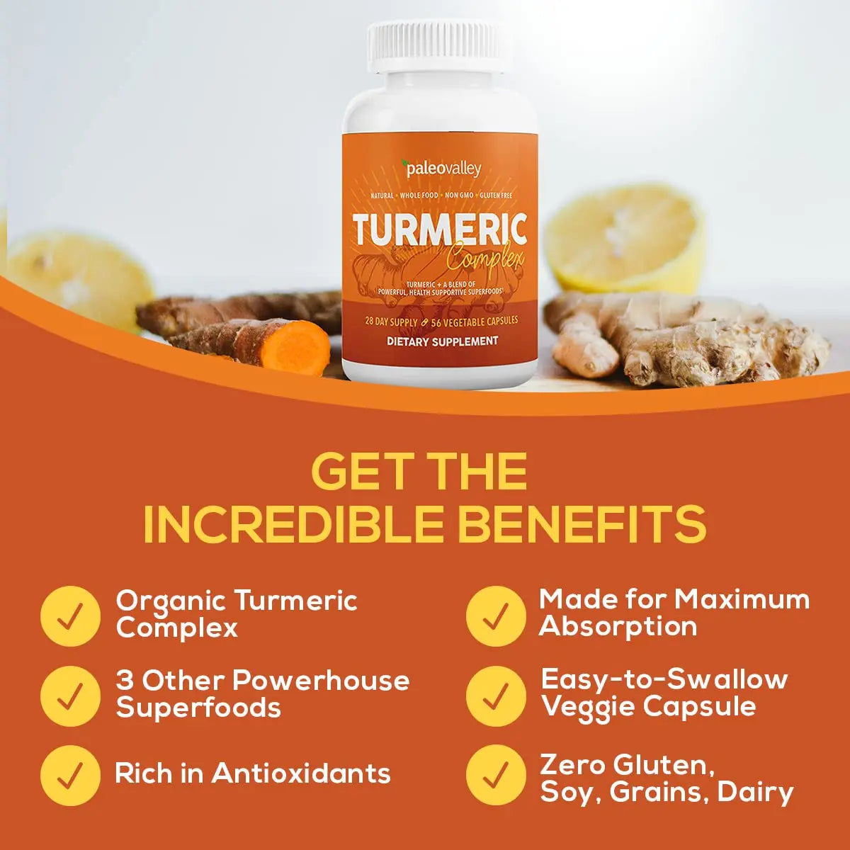 Paleovalley - Organic Turmeric Complex - Full Spectrum Organic Turmeric with Health-Supportive Superfoods - 56 Vegetarian Capsules - Support Joints, Immunity, Brain and Heart Health Paleovalley Au supplements
