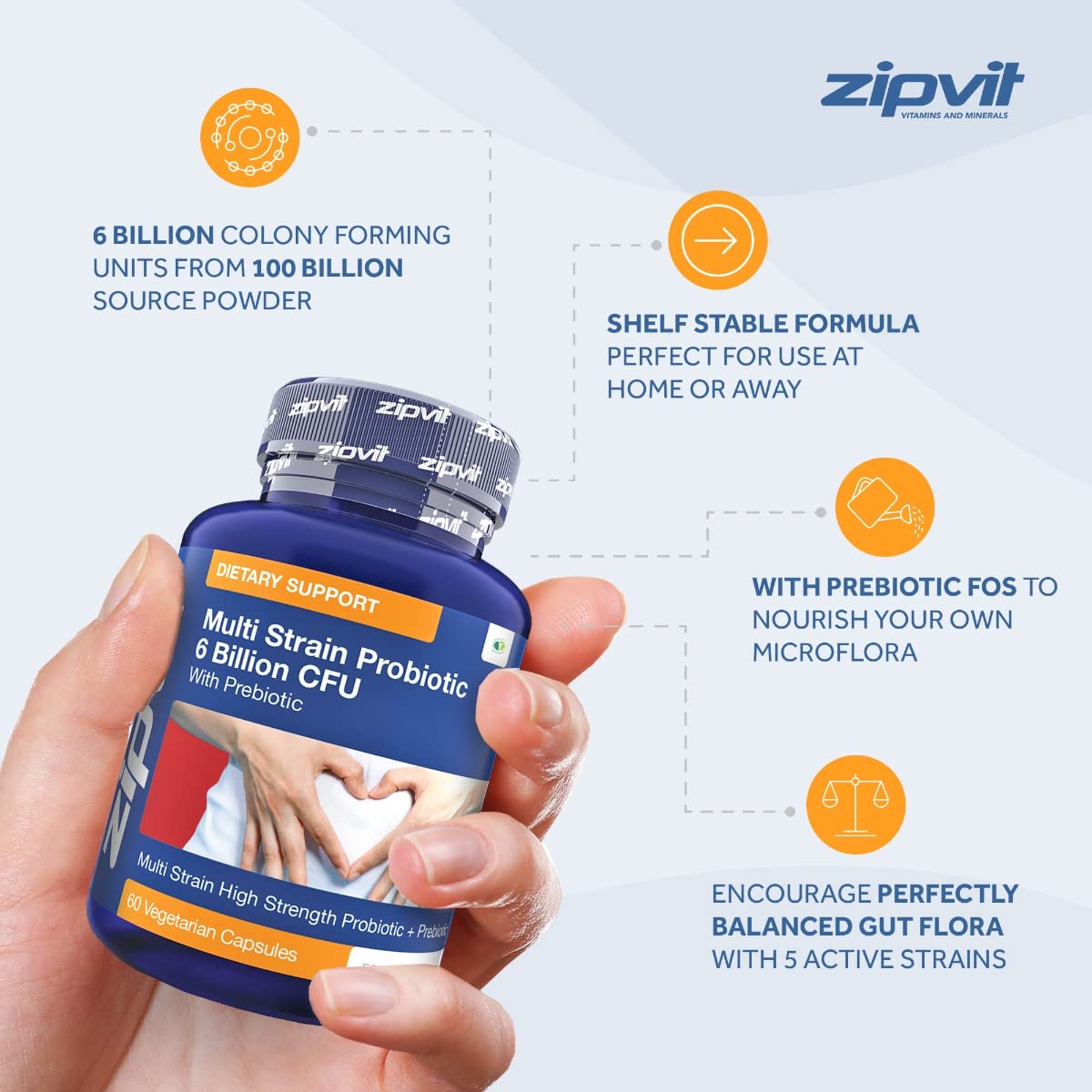 Probiotic 6 Billion Multi-Strain Live Bio Cultures Complex with Prebiotic, 60 Vegetarian Zipvit Au supplements