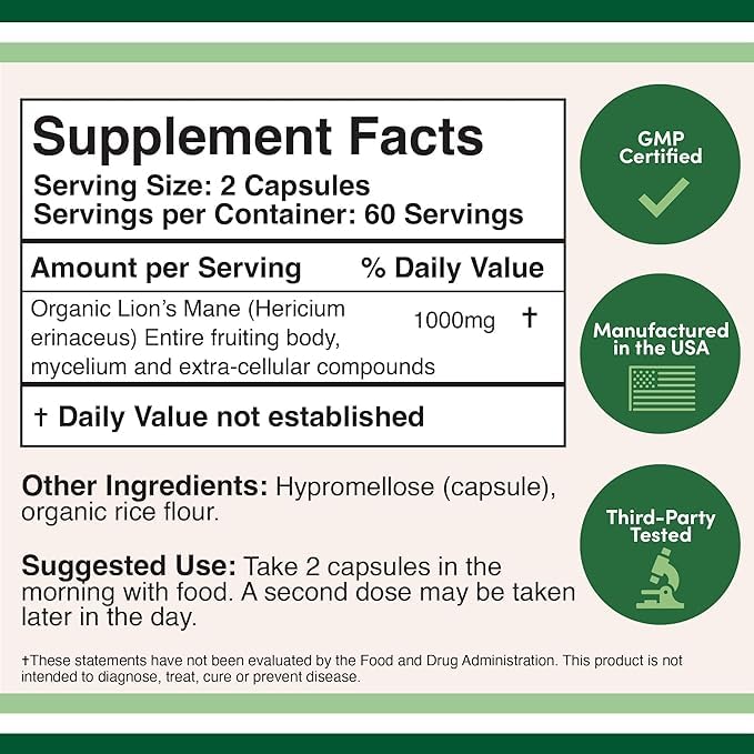 Lions Mane Supplement Mushroom Capsules (Two Month Supply - 120 Count) for Brain Double Wood Supplements Au supplements