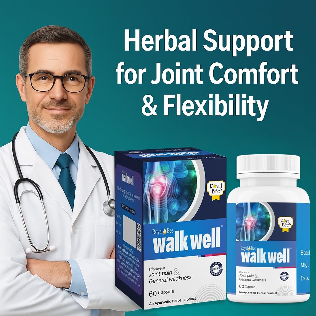 Royal Bee Walkwell Capsules – 60 Capsules – Supports Joint Pain & Inflammation Relief · Useful in Osteoarthritis · Promotes Flexibility & Mobility · Clinically Studied Herbal Ingredients Generic Au supplements