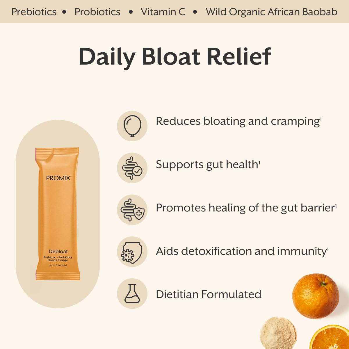 ProMix Nutrition Debloat Prebiotics and Probiotics with Baobab - Rich in Vitamin C, Bloating Relief, Immune Support - Orange - 30 Servings (Pack of 30) ProMix Nutrition Au supplements