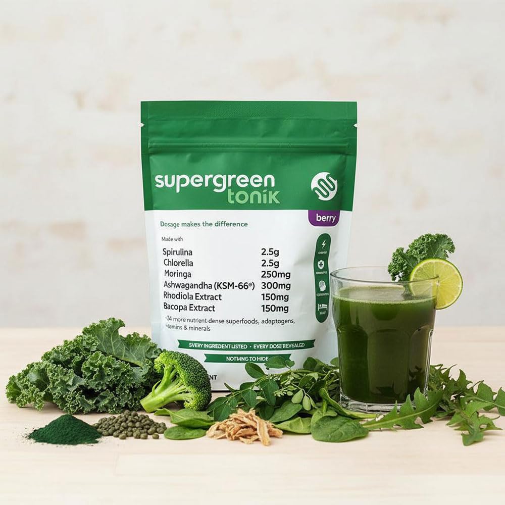 SUPERGREEN TONIK 100% Natural Greens Superfood Powder – Daily Supplement with 40 Superfoods, Vitamins and Minerals – Supports Energy, Stress and Immunity – 30 Days 360 Grams Berry Flavor (1 Bag) SUPERGREEN TONIK Au supplements