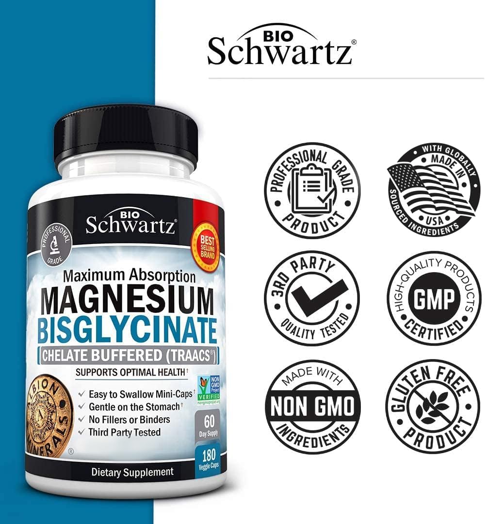 Magnesium Bisglycinate Chelated Supplement - High Absorption Magnesium Glycinate Supplement for Women and Men - Sleep, Muscle, Bone & Joint Support - Non-GMO, Non-Laxative Chelate - 180 Capsules BioSchwartz Au supplements