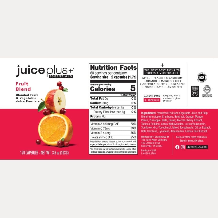 JuicePlus+ Fruit Blend: Plant-Based Whole Food Supplement with Apple, Peach, Cranberry, & More! - Vegan, Gluten-Free, Non-GMO, Kosher - Packed with Plant-Based Vitamins - 1 Bottle (60 Servings) Juice Plus+ Au supplements