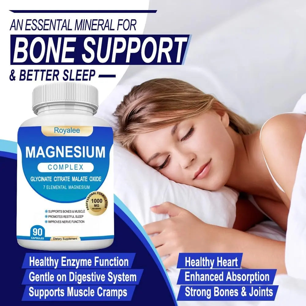 Magnesium Complex Supplement - 1000mg with 7 Magnesium Forms Including Glycinate, Citrate, Malate, Taurate & Orotate - Supports Relaxation, Muscle Function & Bone Strength - 90 Capsules Royalee Au supplements