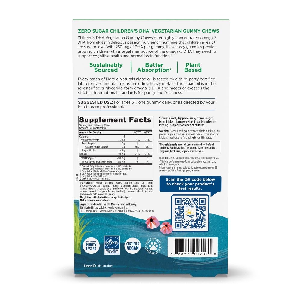 Nordic Naturals Zero Sugar Children’s DHA Vegetarian Gummy Chews - Passion Fruit Lemon Flavor - 30 Gummies - Vegan Algae Oil Omega-3 Supplement for Kids Brain & Cognition Support - 30 Servings Nordic Naturals Au supplements
