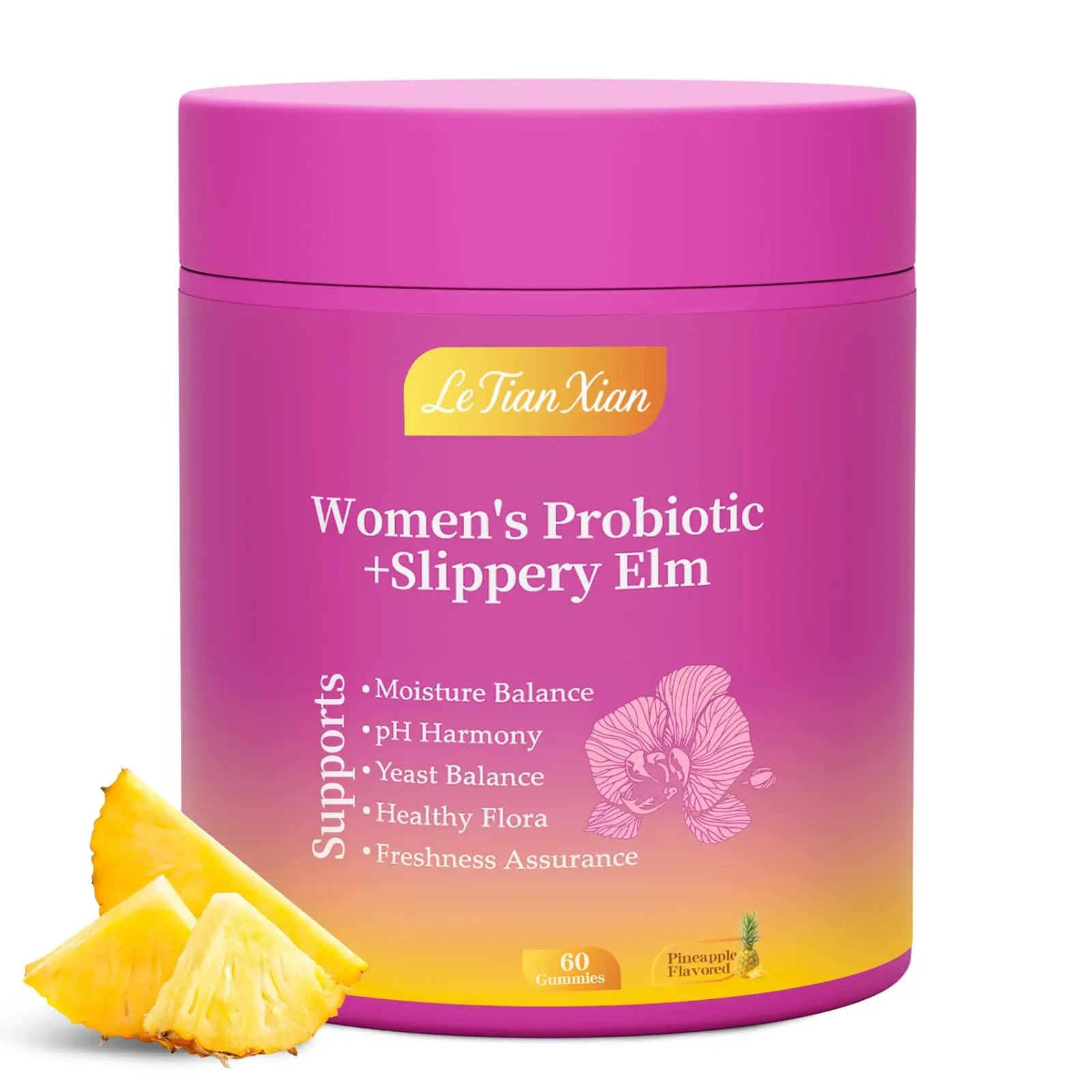 Le Tian Xian Her Juicy Feminine Probiotics Gummies for Women with Slippery Elm, Prebiotics & Lactobacillus - for pH Balance & Digestive Health, Tropical Pineapple Flavor, 60 Count Le Tian Xian Au supplements