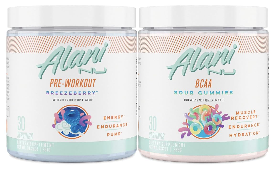 Alani Nu Breezeberry Pre Workout and BCAA Sour Gummies Post Workout Powder Bundle Alani Nu Au supplements