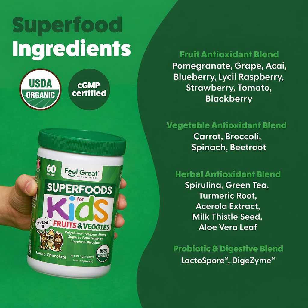 Feel Great USDA Organic Super Greens Powder for Kids - Cocao Chocolate | Fruit & Veggie Supplement | Superfood Powder with Probiotics & Digestive Enzymes for Digestive Health | 60 Days Supply The Feel Great Vitamin Company Au supplements
