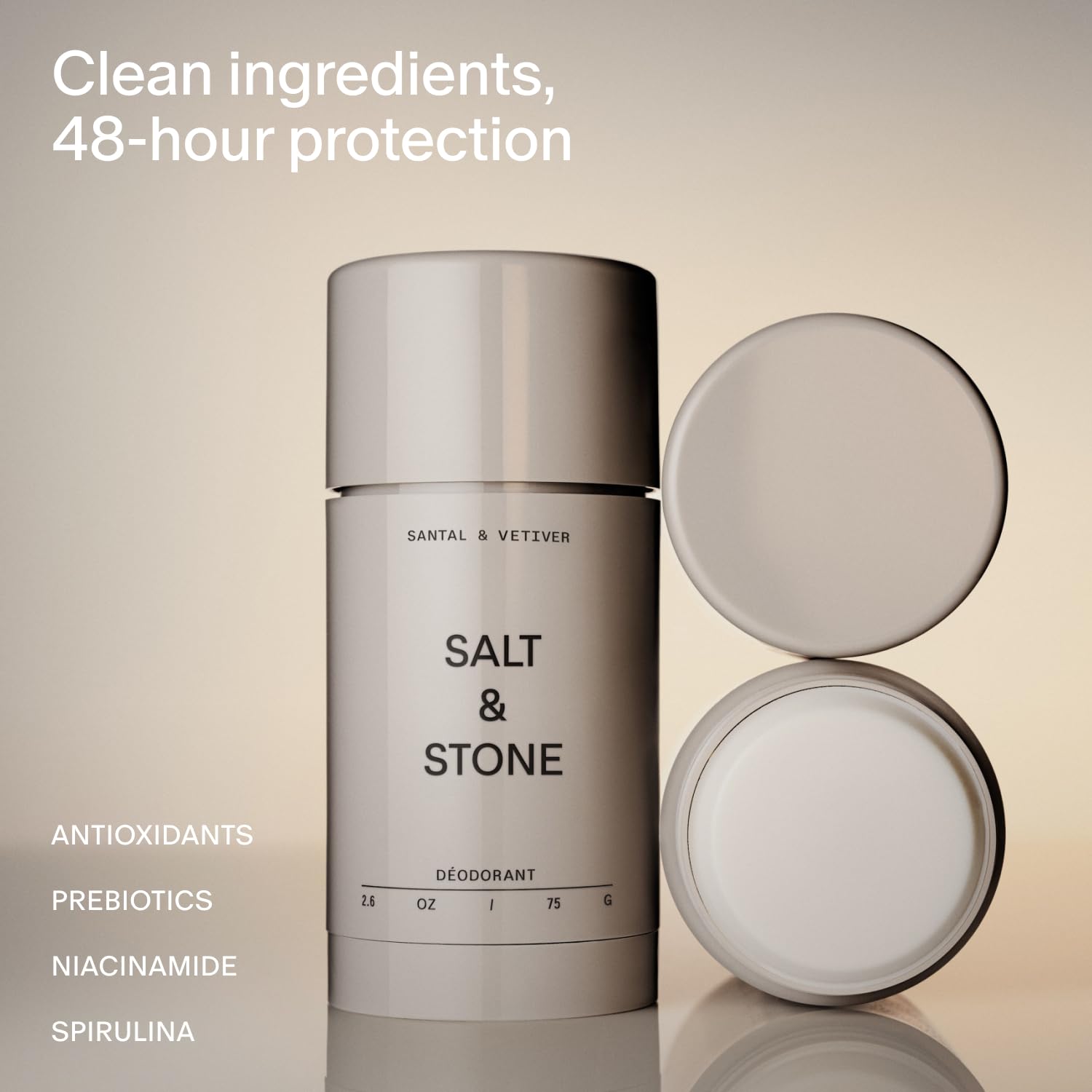 Salt & Stone Aluminum Free Deodorant | Extra Strength 48 Hour Protection for Women & Men | Made with Seaweed Extracts, Niacinamide & Prebiotics | Santal & Vetiver Salt & Stone Au supplements