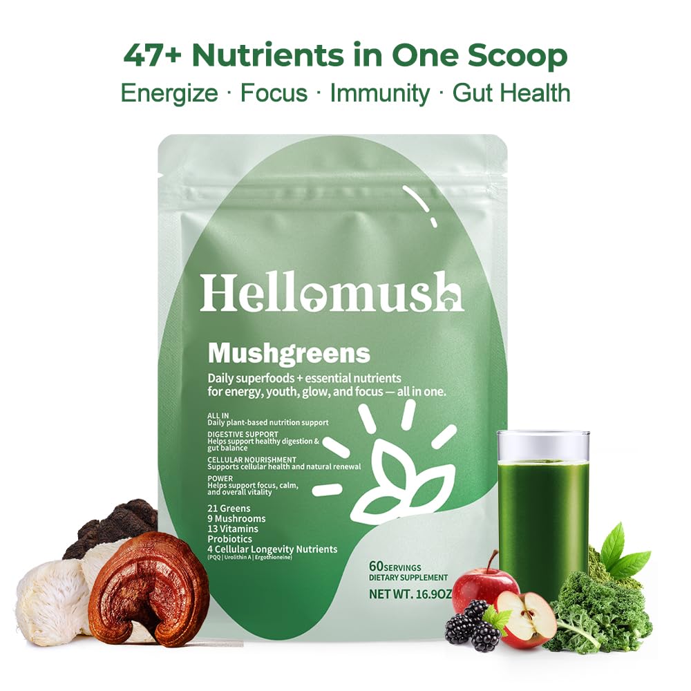 Hellomush Super Greens Powder Superfood, Daily Green Powder Supplement with Probiotics Drink Mix for Men & Women, Blend of Greens, Mushrooms, Vitamins, Probiotics and Cellular Nutrients Hellomush Au supplements