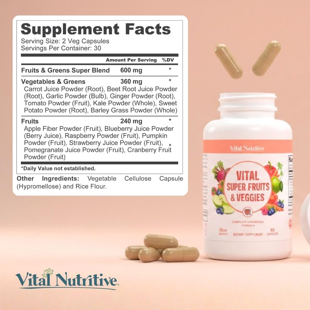 Vital Super Fruits & Veggies - Daily Superfood Capsules for Adults - Fruit & Vegetable Supplements to Boost Immunity & Energy - 2-in-1 Formula for Overall Wellness VITAL NUTRITIVE Au supplements