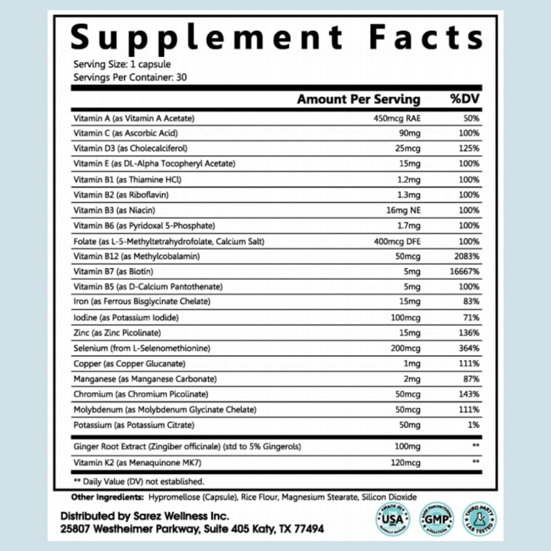 Sarez GLP-1 Support Capsules — Methylated Vitamins & Chelated Minerals — Energy, Metabolism, Hair & Daily Nutrient Support — with Ginger for Nausea — Gentle on Stomach — 30 Day Supply Sarez Au supplements