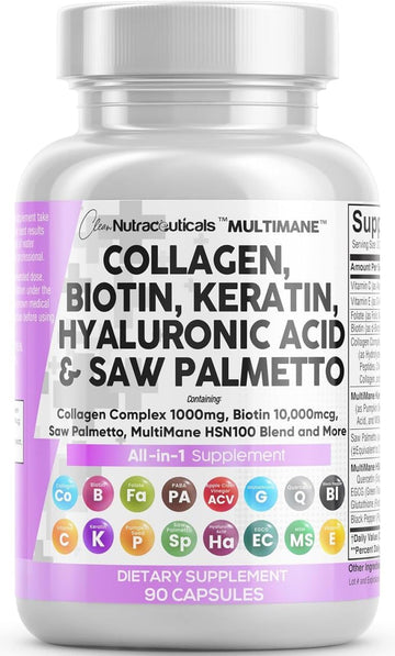 Clean Nutraceuticals Collagen Pills 1000mg Biotin 10000mcg Keratin Saw Palmetto Hyaluronic Acid - Hair Skin & Nails Vitamins & DHT Blocker with Vitamin E Folic Acid