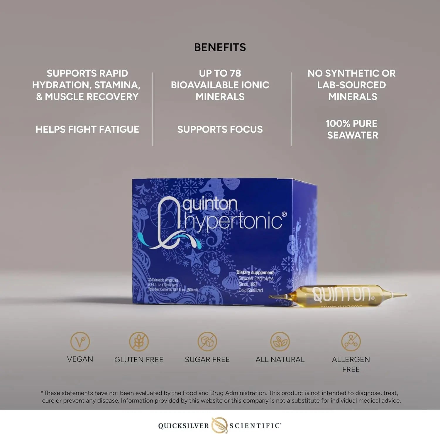Quicksilver Scientific Original Quinton Hypertonic Solution - Sea Water Hydration - Liquid Minerals with Electrolytes for Muscle Recovery, Stamina+Mineral Replenishment (30 Single Serving Glass Vials) Quicksilver Scientific Au supplements