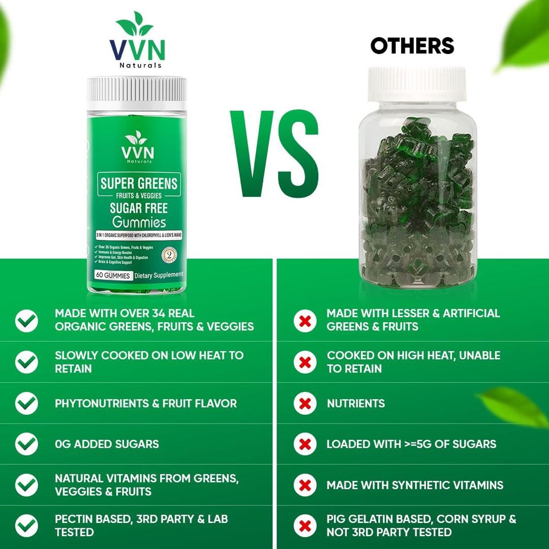 Sugar-Free Real Organic Fruits, Super Greens and Veggies Gummies | 35+ Nutritious & Healthy Greens, Fruits, and Vegetables for Improved Immunity, Skin Health & Energy Boost|60 Vegan Gummies VVN Naturals Au supplements