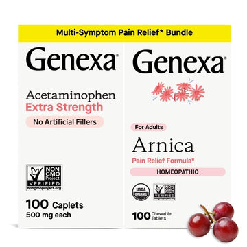 Genexa Adult Pain Relief Bundle | 500mg Acetaminophen Caplets + Homeopathic Arnica Chewables | Fast Relief for Headache, Joint & Muscle Pain | OTC + Homeopathic Combo | No Dyes or Artificial Additives Genexa Au supplements