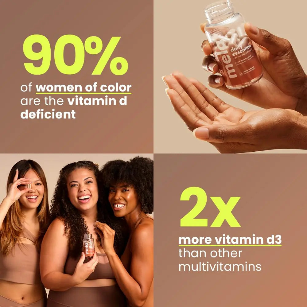 Mela Daily Essentials Multivitamin for Melanated Women - High-Dose Vitamin D3 and B12, Probiotics, Lion's Mane, Ceylon Cinnamon Mela Au supplements