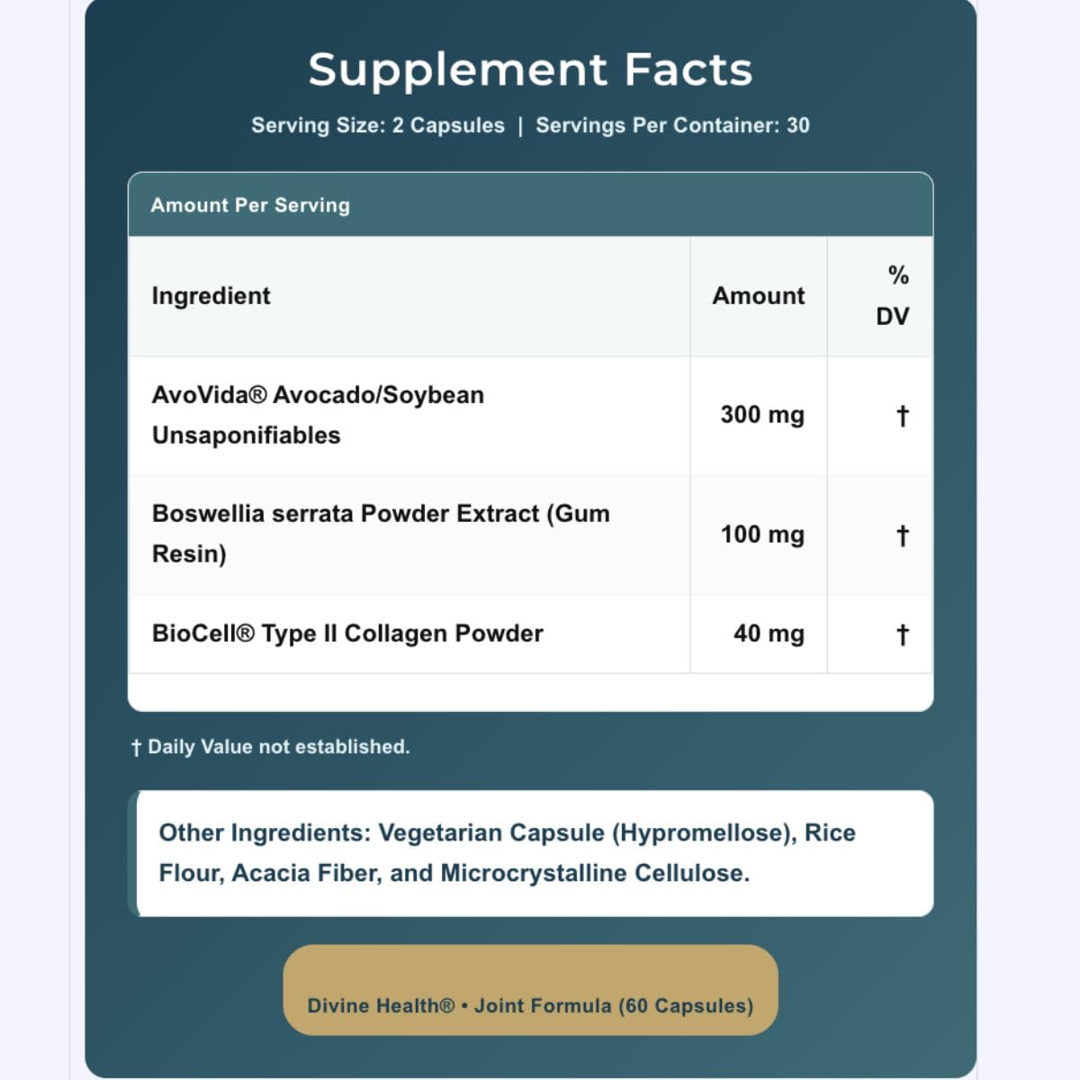 Dr. Colbert, MD Joint Formula | by Divine Health | Joint Health | AvoVida | Boswellia | 60 Capsules | 30 Servings Divine Health Au supplements