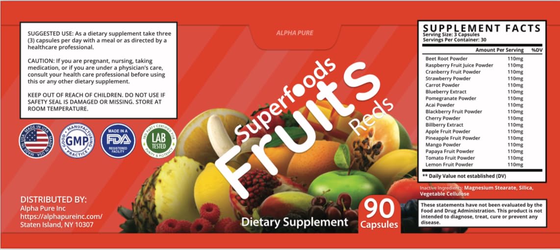 Alpha Pure Superfoods Reds Fruits and Greens 180 Capsules Vegetables Fruits and Veggies Superfood | Natural Balance of 90 Fruit Capsules, 90 Veggie Capsules for Men, Women Vitamins and Minerals Alpha Pure Au supplements