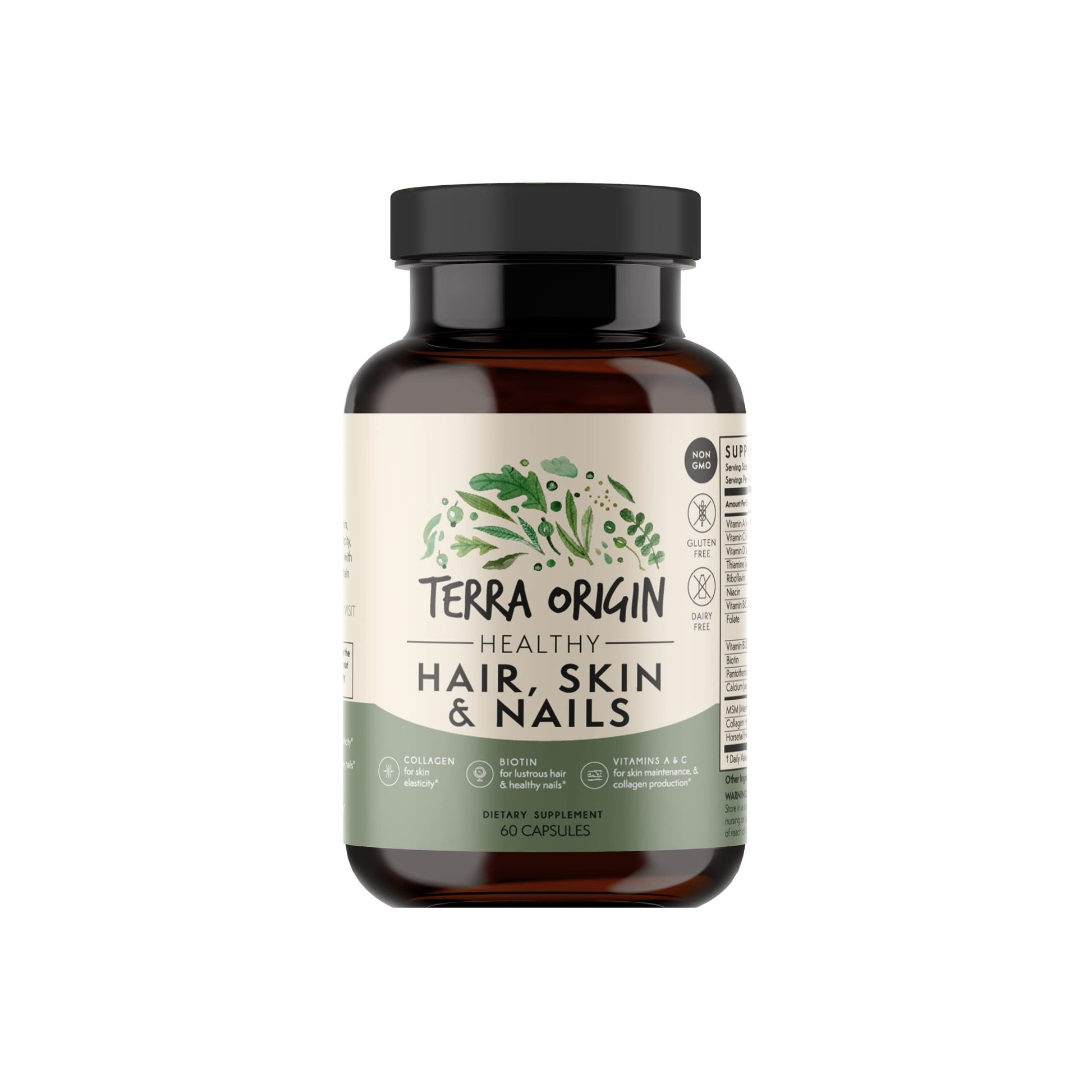TERRA ORIGIN Healthy Hair, Skin and Nails Supplement | Collagen, Biotin, Horsetail & B-Complex | Supports Hair Strength, Skin Elasticity & Nail Growth | Vitamins for Women and Men | 60 Capsules TERRA ORIGIN Au supplements