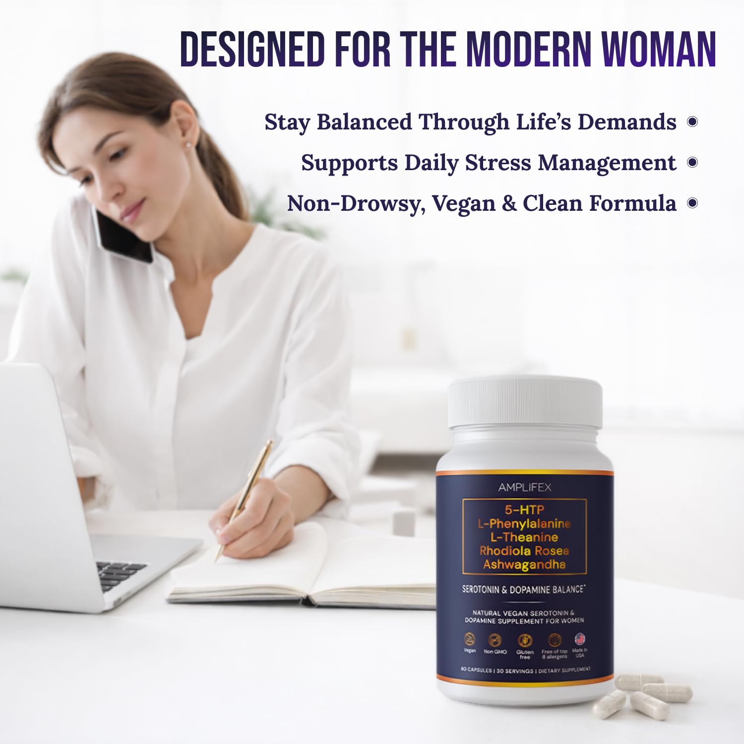 5-HTP Serotonin & Dopamine Support Complex with L-Theanine, L-Phenylalanine, Ashwagandha, Rhodiola B-Vitamins & Adaptogenic Herbal Blend – Mood & Stress Support for Women – Natural Vegan Non GMO AMPLIFEX Au supplements
