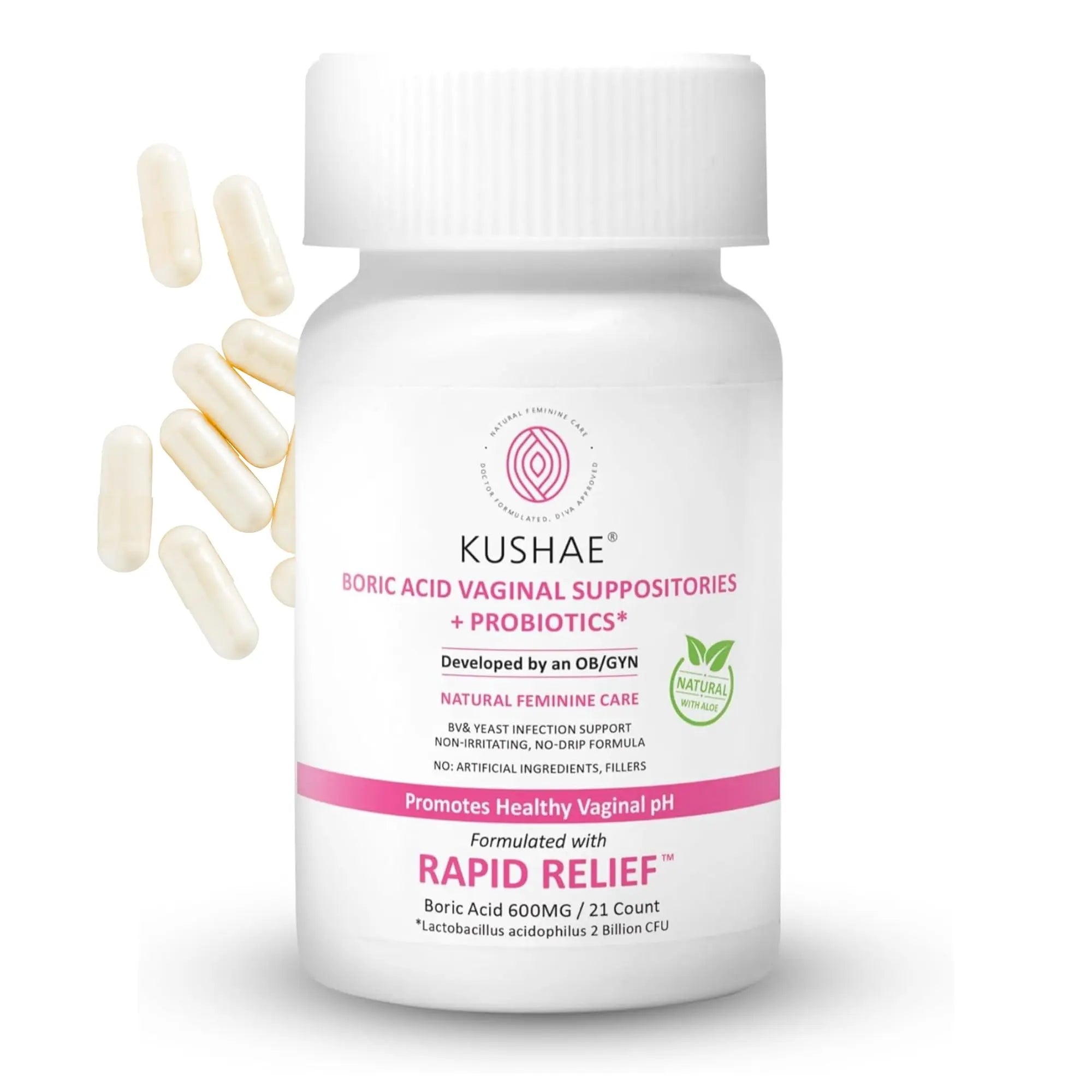 Kushae Boric Acid Suppositories + Rapid Relief, All Natural Female Suppositories with Probiotics & Aloe Vera, Relieves Discomfort & Balances pH Level Bottle Only 21 Capsules Kushae Au supplements