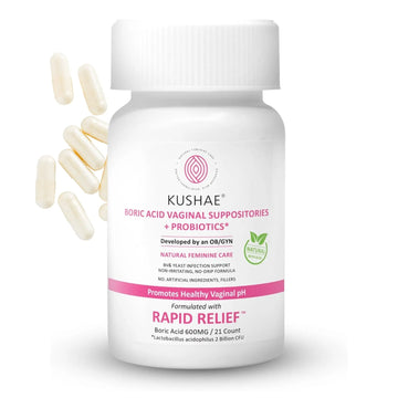 Kushae Boric Acid Suppositories + Rapid Relief, All Natural Female Suppositories with Probiotics & Aloe Vera, Relieves Discomfort & Balances pH Level Bottle Only 21 Capsules Kushae Au supplements