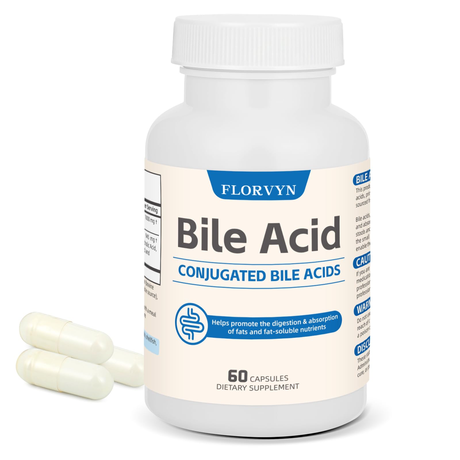 Florvyn Conjugated Bile Acid Supplement 1000mg – Supports Fat Digestion & Absorption of Fats & Fat-Soluble Nutrients, Gut Comfort & Nutrient Utilization, 60 Capsules, 30 Day Supply Florvyn Au supplements