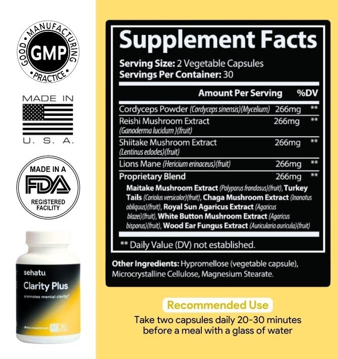 SEHATU Clarity Plus Cognitive Wellness Supplement | Packed with 10 Powerful Adaptogenic Mushrooms | Clear Brain Fog and Support Mental Clarity | 60 Count | 30 Day Supply SEHATU Au supplements