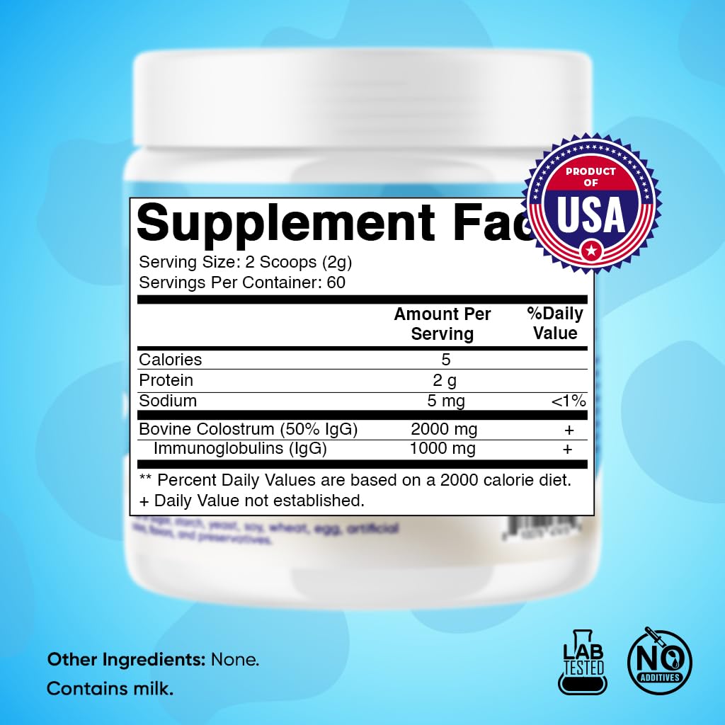 Vitamatic Bovine Colostrum Powder - 50% Highest IgG -120 Gram - Supplement for Gut Health, Hair Growth, Beauty, Muscle Recovery, & Immune Support - Easy to Mix - Unflavored - 60 Servings Vitamatic Au supplements