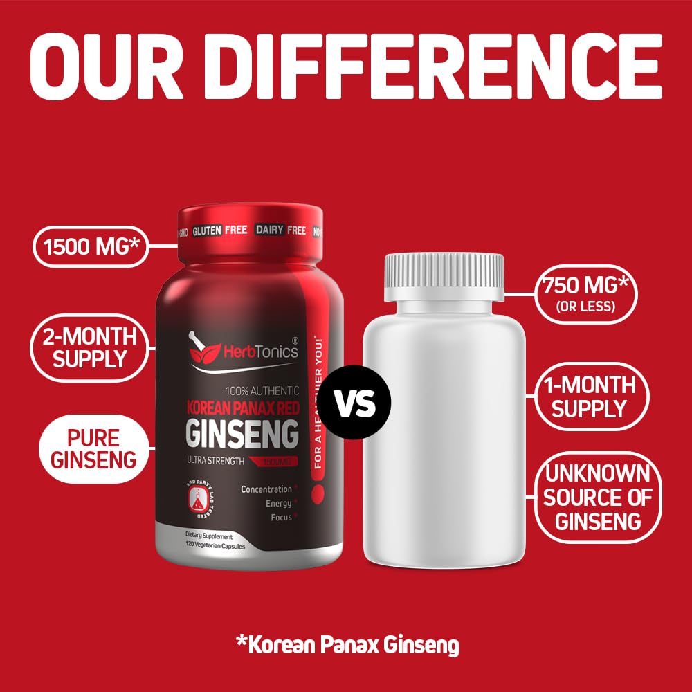 Herbtonics Korean Red Panax Ginseng 1500mg - Energy Supplement for Peak Performance, Focus & Vitality - High Potency Ginseng Root Extract - 240 Vegan Capsules Herbtonics Au supplements