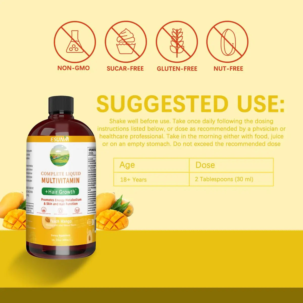 ESUNM Complete Liquid Multivitamin + Hair Growth, Promotes Energy Metabolism& Skin and Hair Function| Vitamin C D | B Vitamins | ESUNM Au supplements