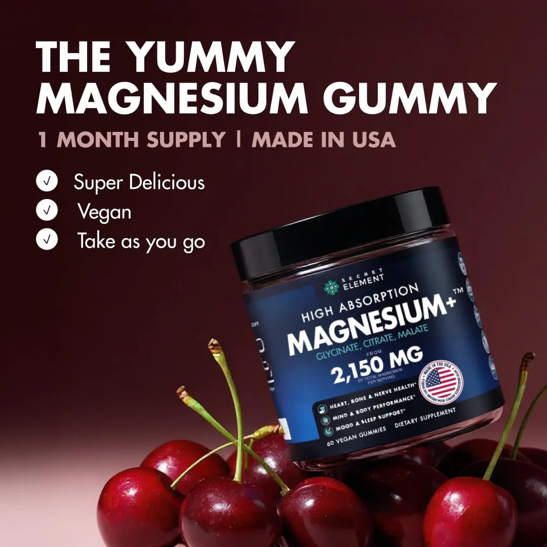 Magnesium Gummies 3in1 - Glycinate, Citrat, Malate 2150 MG High Absorption Supplement, Sugar-Free, Vegan, Chews for Men & Women, Inspired by Wellness Traditions Like Arjuna, 60 Gummies, Cherry Flavor Secret Element Au supplements