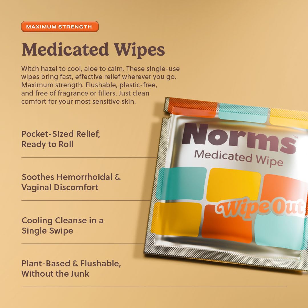 Norms Wipe Outs Hemorrhoid Wipes, 24 Individually Wrapped Witch Hazel Wipes with Aloe to Soothe and Cool Itching, Burning and Irritation, Flushable Septic Safe, Plant Based & Plastic-Free Norms Au supplements