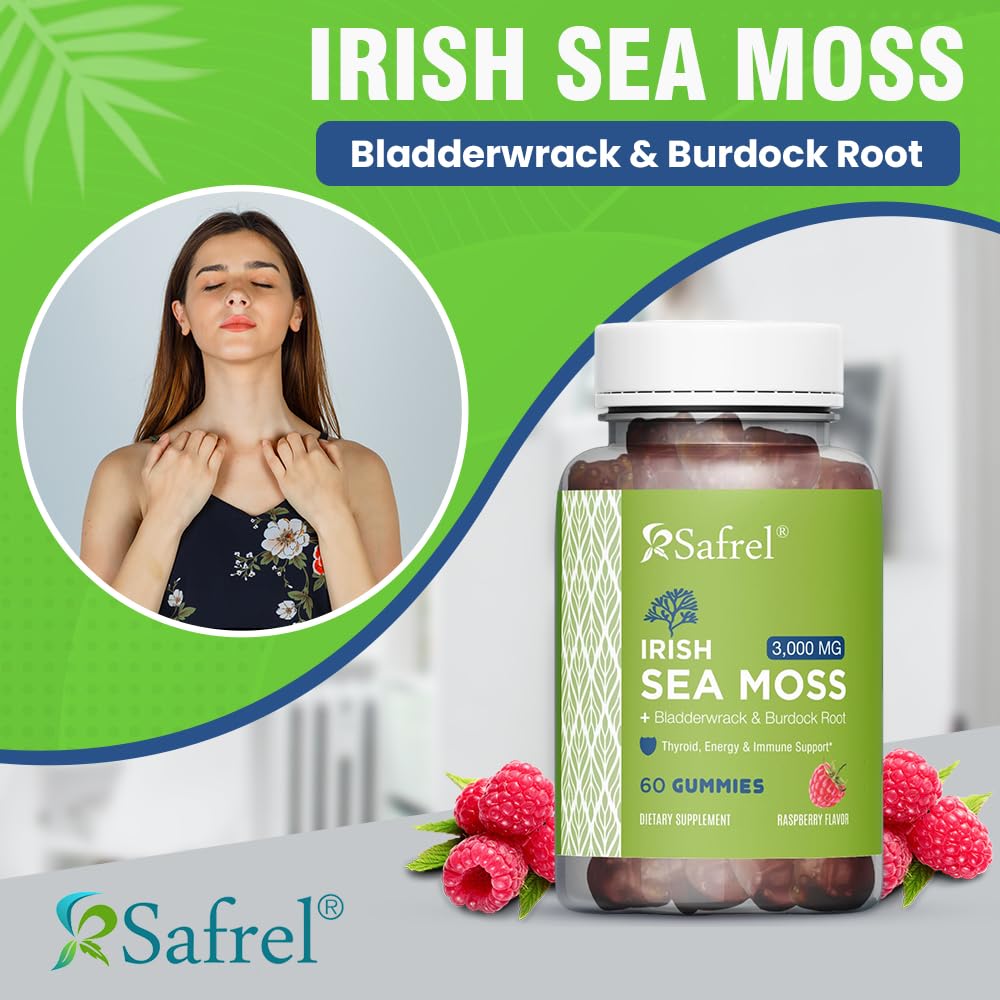 Safrel Irish Sea Moss Gummies 3000mg with Bladderwrack and Burdock Root, Thyroid Energy and Immune Support, Vegan Raspberry Flavor, 60 Gummies Safrel Au supplements