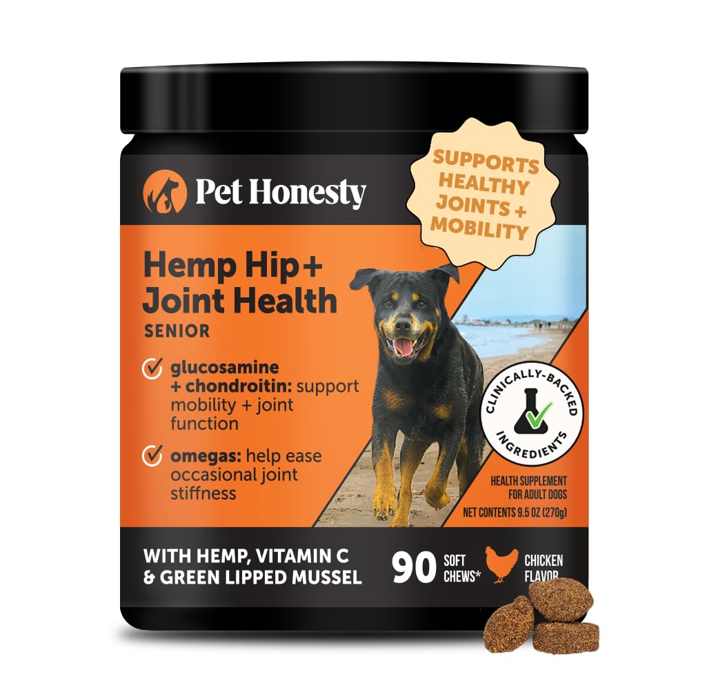 Senior Hemp Hip and Joint Supplement for Dogs - Glucosamine Chondroitin, MSM & Green Lipped Mussel - Relief for Joint Stiffness, Advanced Strength Mobility Support for Senior Dogs (Chicken, 90 Ct) Pet Honesty Au supplements