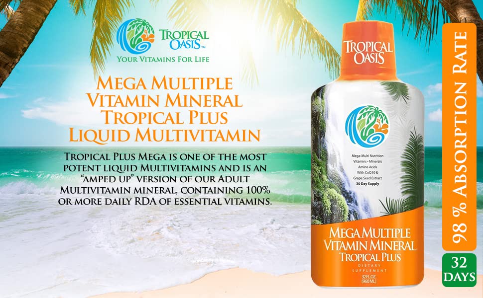 Tropical Oasis Mega Plus - Liquid Multivitamin and Mineral Supplement – Includes 85 Vitamins & Minerals, 20 Amino Acids + CoQ10, Grape Seed Extract & Organic Aloe Vera - 32oz, 32 Servings, 33460 Tropical Oasis Au supplements