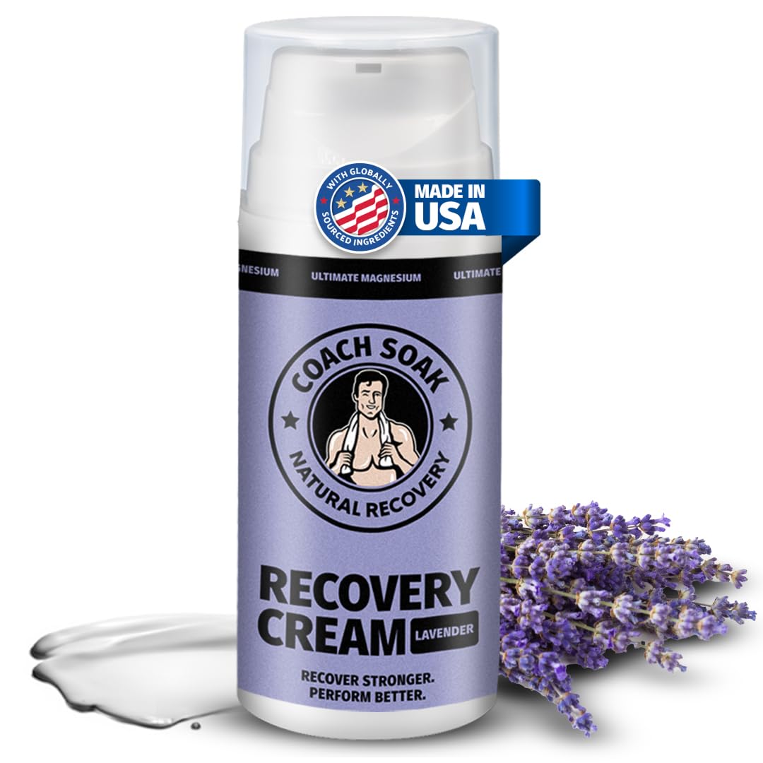 Coach Soak Magnesium Cream with MSM in Pump Bottle - Natural Recovery Cream with Magnesium Chloride & Menthol - Fast-Absorbing for Muscles & Joints, Lavender 3.4oz Coach Soak Au supplements