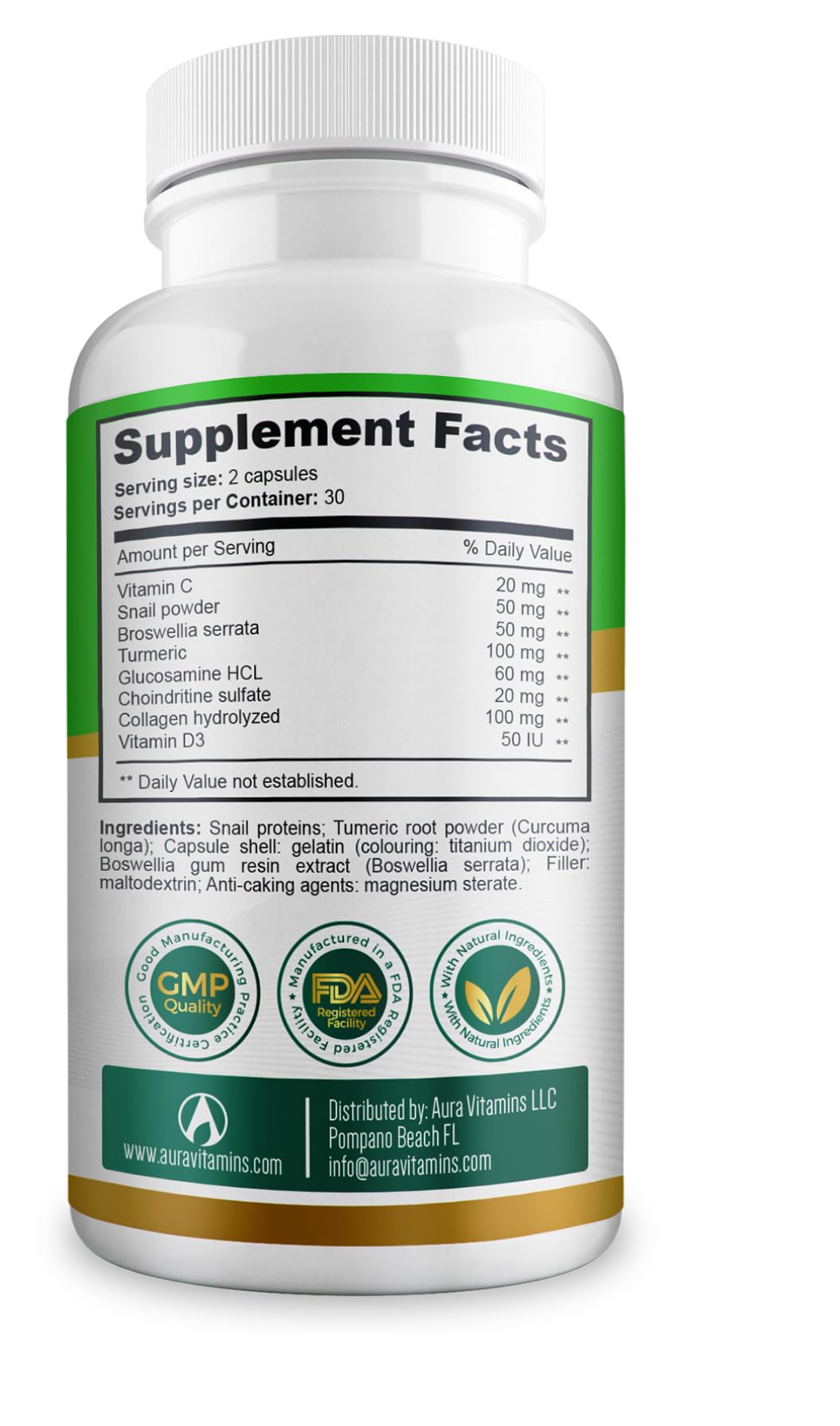 AURA VITAMINS REGEMAX regenerates and Helps Alleviate Joint discomfort Supplement, Snail Protein, Boswellia Serrata, and Turmeric – 60 Caps. (2) AURA VITAMINS Au supplements